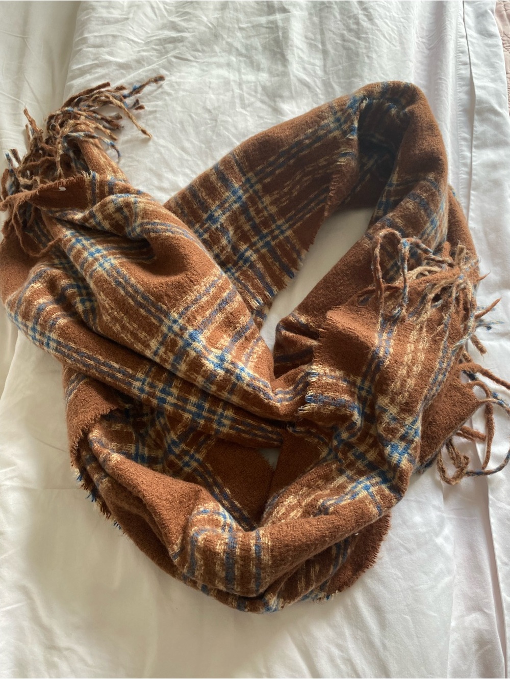 Cozy Plaid Fringe Infinity Scarf in Rust and Blue